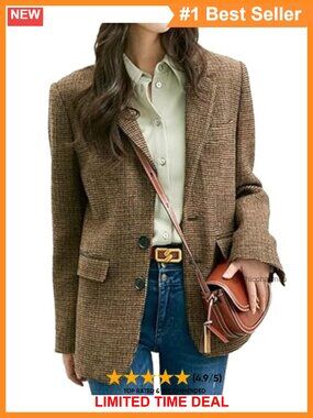 Wool Blend Plaid Blazer Jacket Single Breasted Notch Lapel Business Work Coat